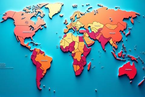 World map centered on South Asia
